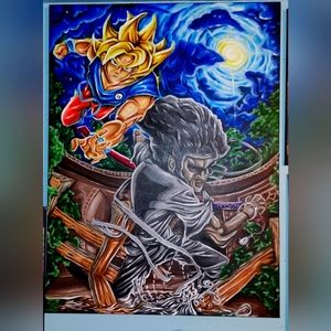 Acrylic painting of afro samurai and goku